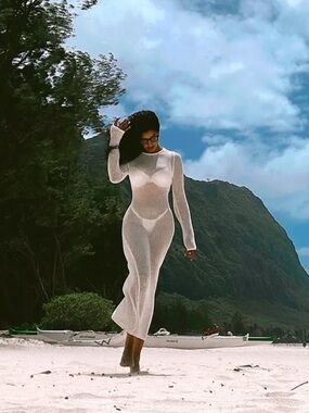 DE BASE Sheer Open-Knit Cream Maxi Cover Up